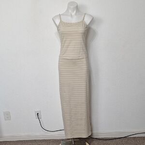 Stella Vintage Cream Striped Boho Coastal Top & Maxi Skirt Two Piece Set Size L